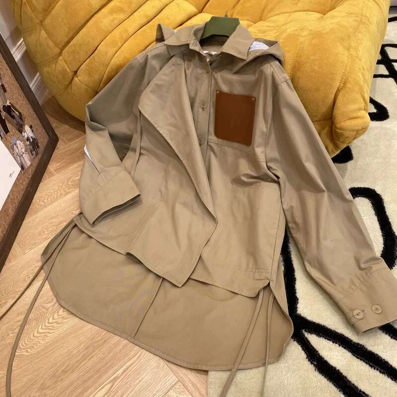 Autumn Winter Fashion Trench Leather Label Letter Hooded Windbreaker Woman Loose Jacket Windproof Coat Ladies Outderwear