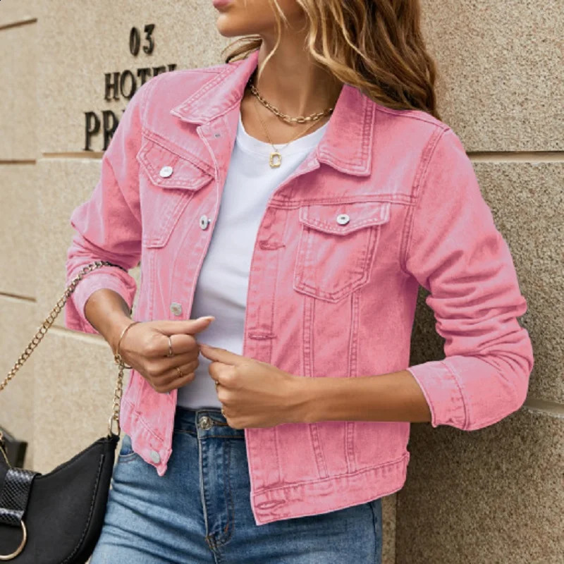 Women Autumn Denim Short Jackets Single Breasted Long Sleeve Turn-down Collar Jeans Coats 250410