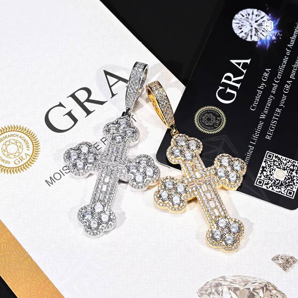 Baguette Cut VVS Iced-Out Moissanite Cross Pendant Fully 925 Silver Hip-Hop Style Religion Pendant