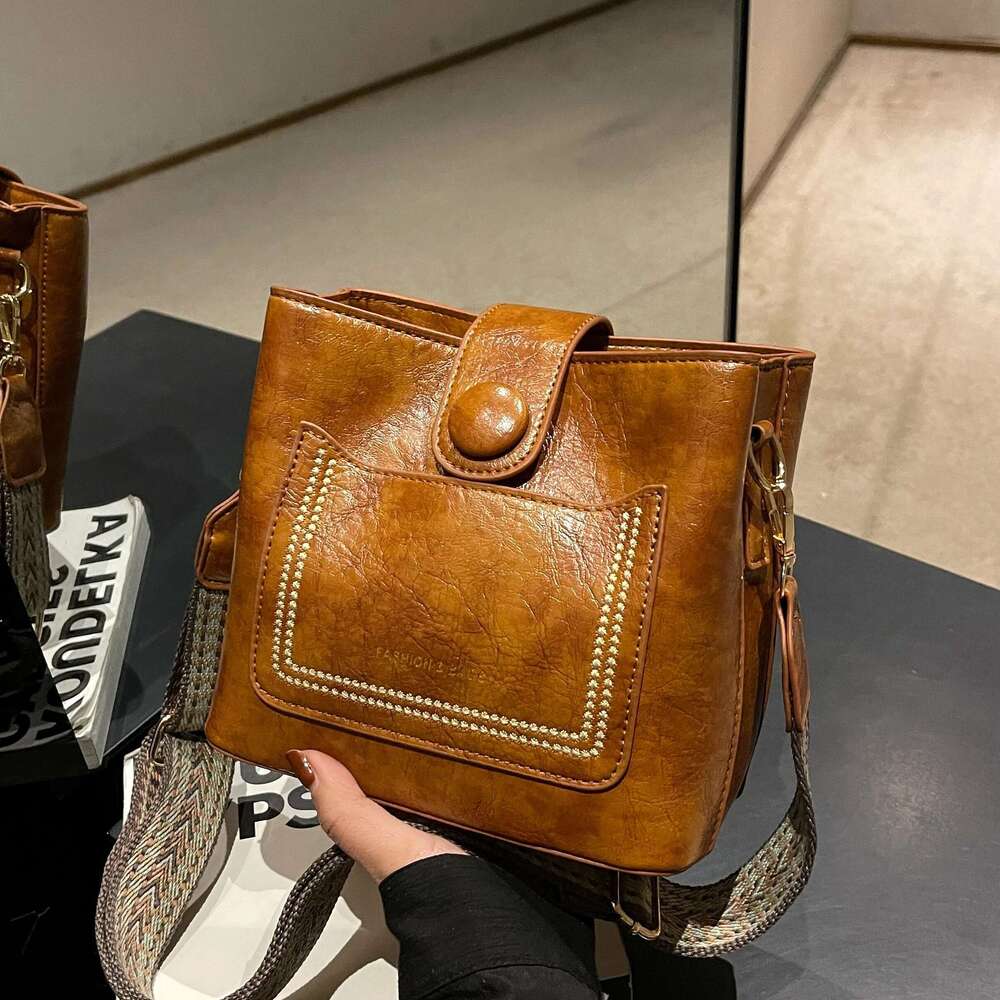 Vintage Simple PU Leather Bucket Crossbody Bags For Women Designer Handbagt Lady Black Shoulder Bag