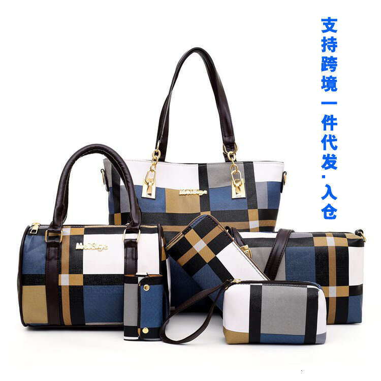 New grid six piece set mother tote with contrasting color trend, one shoulder portable women's bag