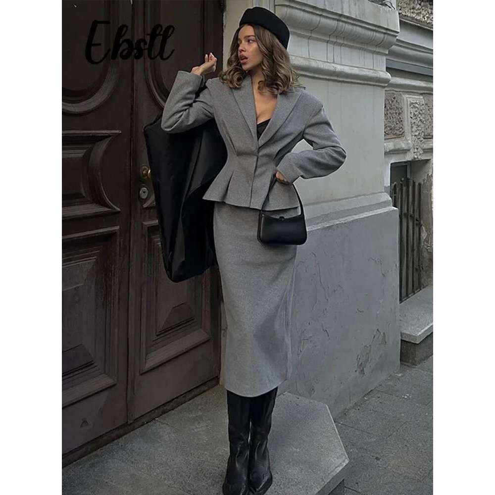 Slim Woolen Blazer Coat Skirts Set Women Grey Lapel Hidden Buckle Coats Hip Package Long Skirt 2025 New Female Elegant Outfits
