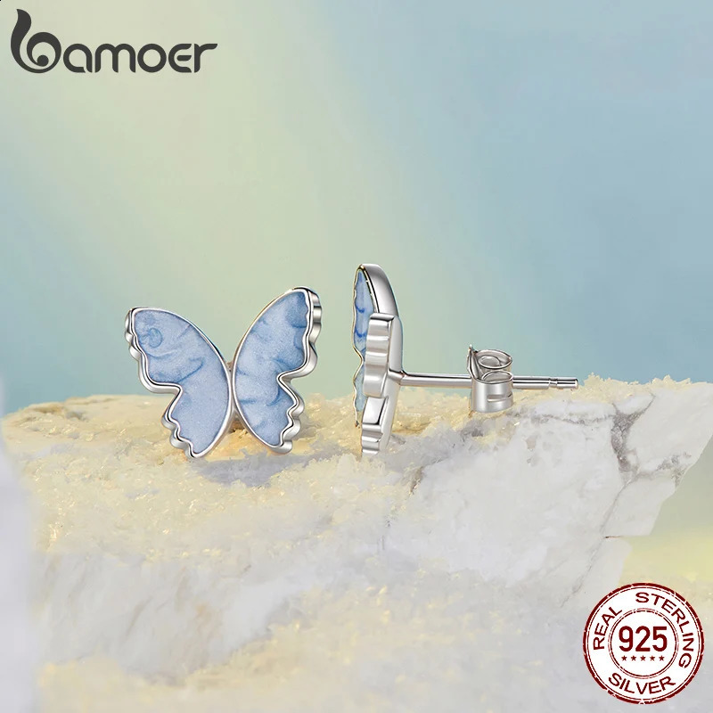 genuine 925 sterling silver blue butterfly earrings white gold plated hypoallergenic cute earrings SCE1823 250409