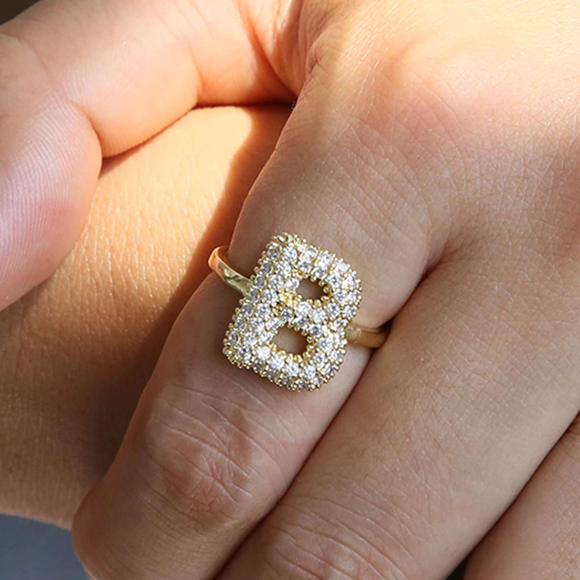 Jewelry Hip Hop Initial Letters Openable Ice Out Cubic Zirconia Letter Ring