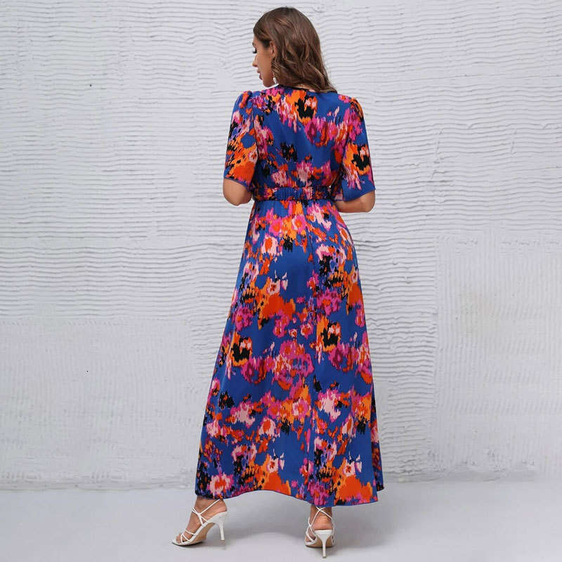 2025 Summer Bohemian V-Neck Strap Elastic Waist Irregular Dress Long