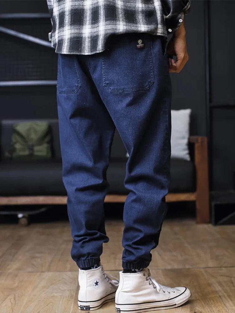 Mens loose fitting runner streetwear harem jeans cargo ankle length denim 250407