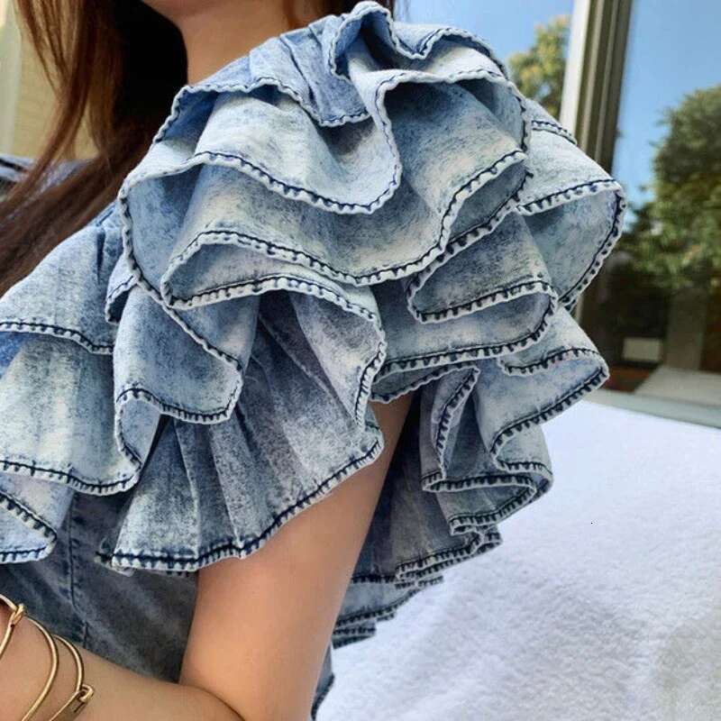 Women V-Neck Ruffled Denim Sleeveless Shirts High Waist Summer Lotus Multi-Layers Pleated Blouse Folds Crop Tops Blusas Mujer