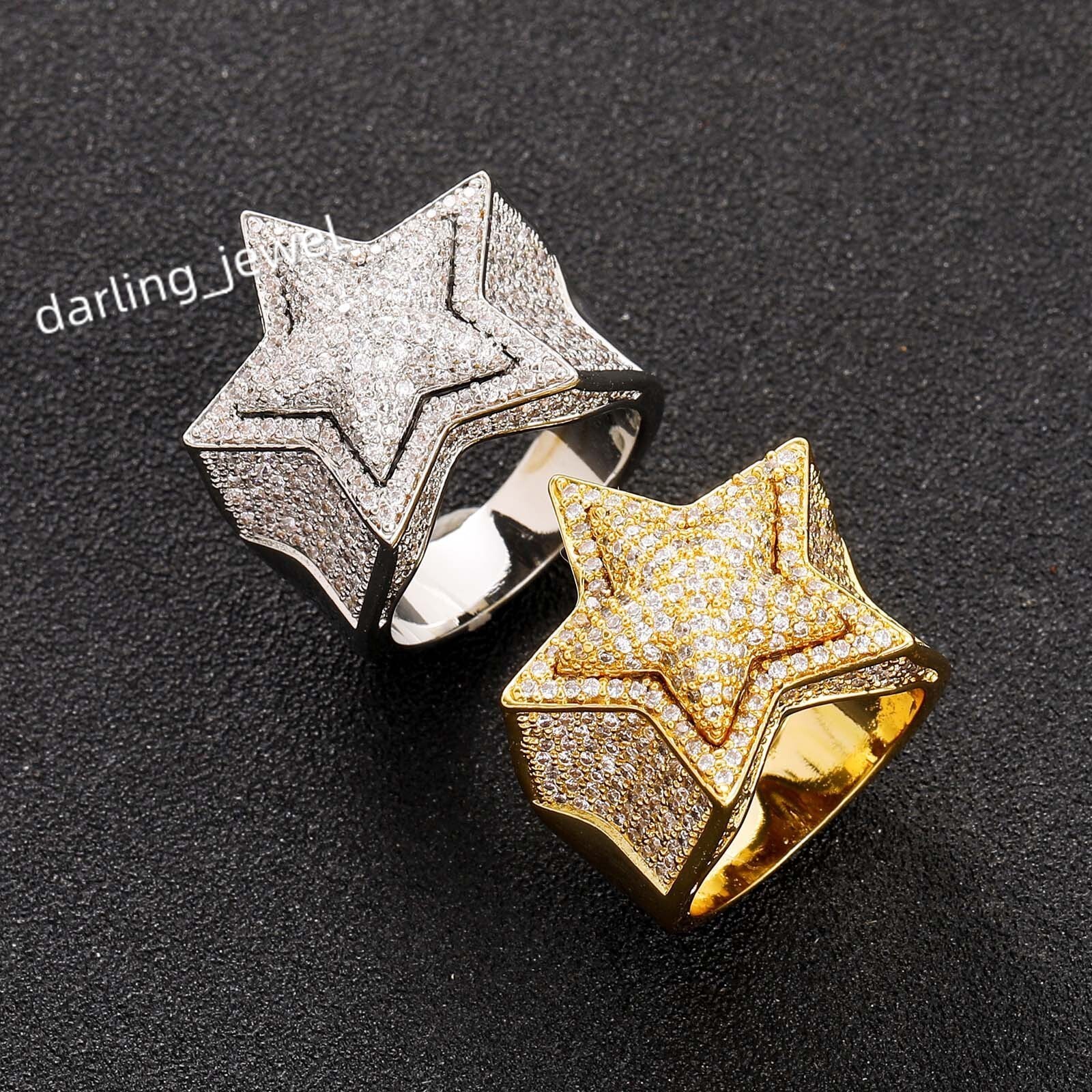 Hip Hop Fashion Luxury Jewelry High Quality Full Pave AAAAA CZ Stone Five Pointed 3D Star Punky Rappers Rings for Men