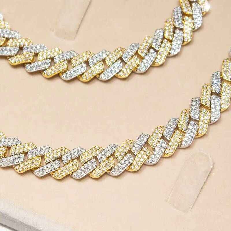 Hip Hop Iced Out Two Tone Moissanite Cuban Chain 12mm 925 Sterling Silver VVS Moissanite Cuban Link Chain