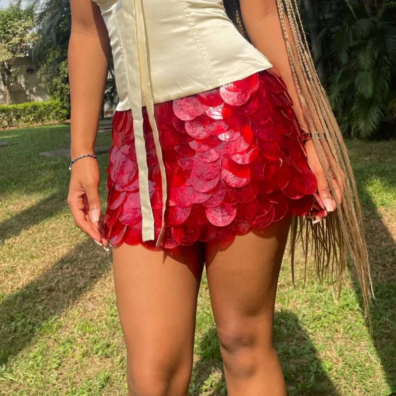 Fashion Women Shinny 3D Sequines Mini Skirt Y2k Vintage High Waist Bodycon Micro Skirts Female Punk Hip Party Clubwear 250409