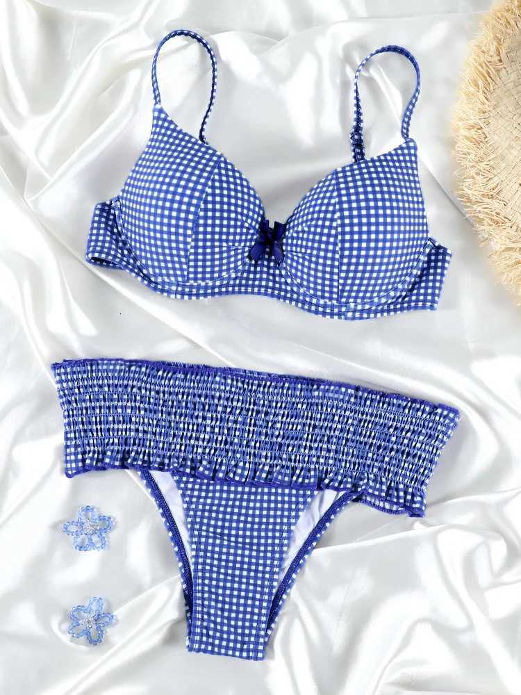Bowknot Ruffle Bikinis Thongs Plaid Womens Swimsuit 2025 Red Lattice Swimwear Bathing Suits Biquini Summer Beachwear SwimsuitW251113
