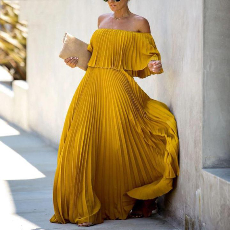 2025 New Womens Long Skirt Sexy Off Shoulder One Shoulder Pleated Chiffon Evening Dress