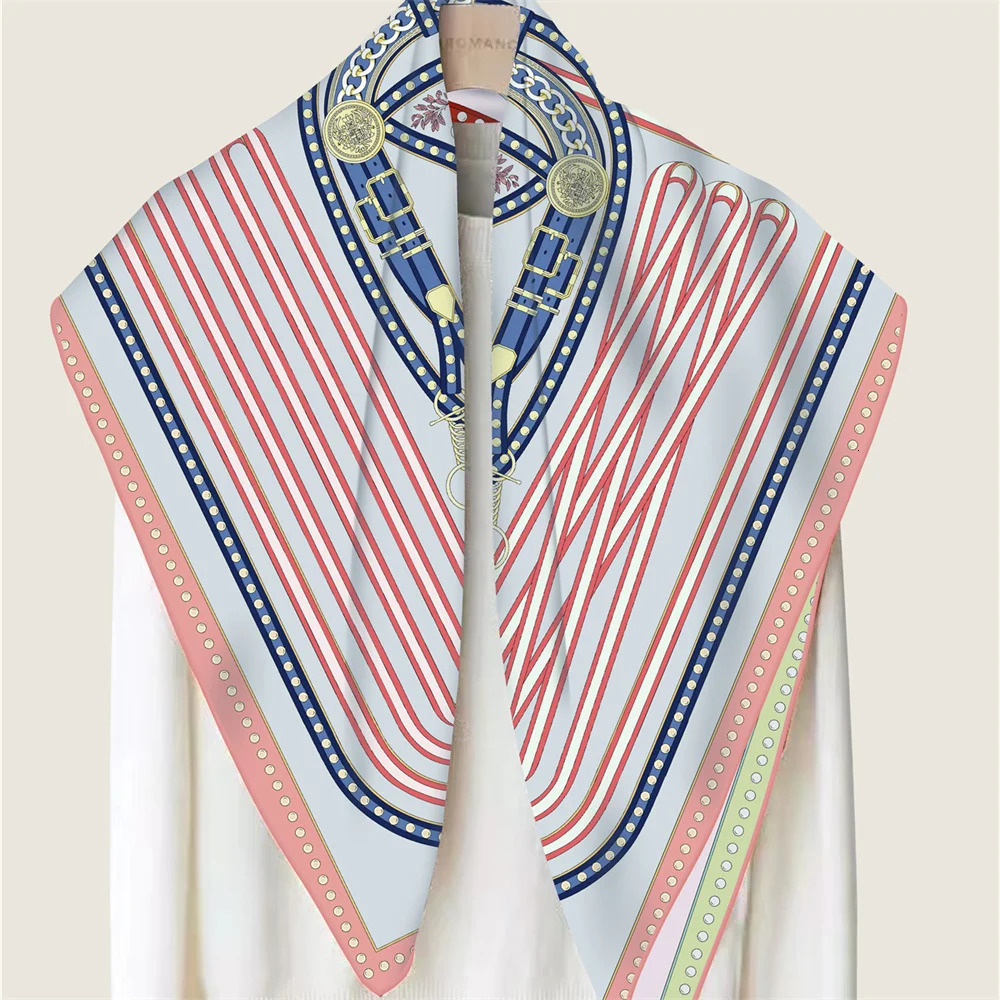 POBING Manual Hand Rolled Twill Silk Scarf Women Melt Chain Double Print Square Scarves Wraps Echarpes Foulards Femme Hijab 90CM 251110