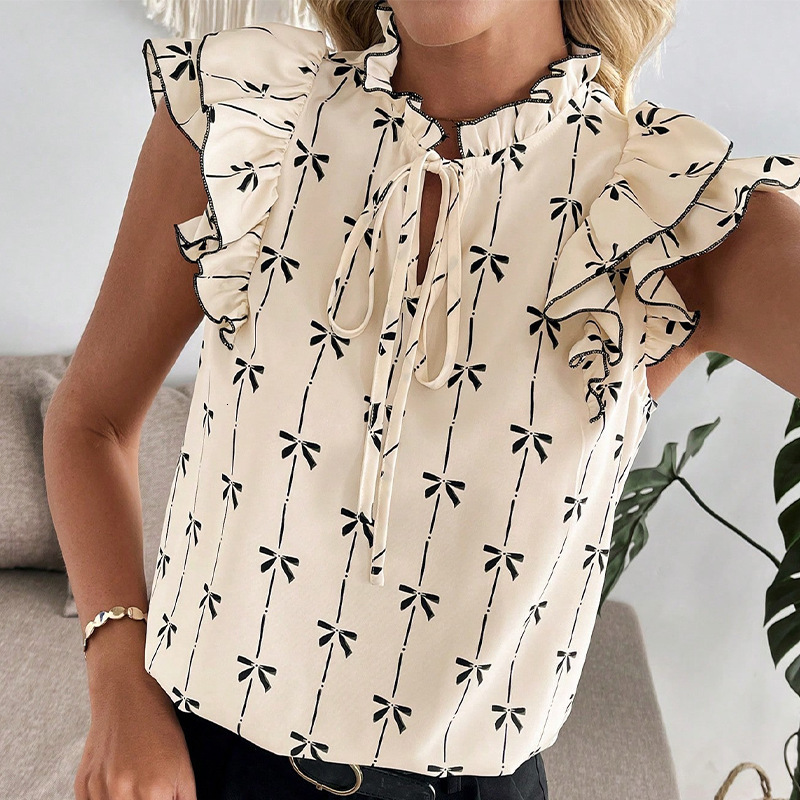 Summer 2025 lotus leaf short sleeved shirt with drawstring and lace collar pullover for women