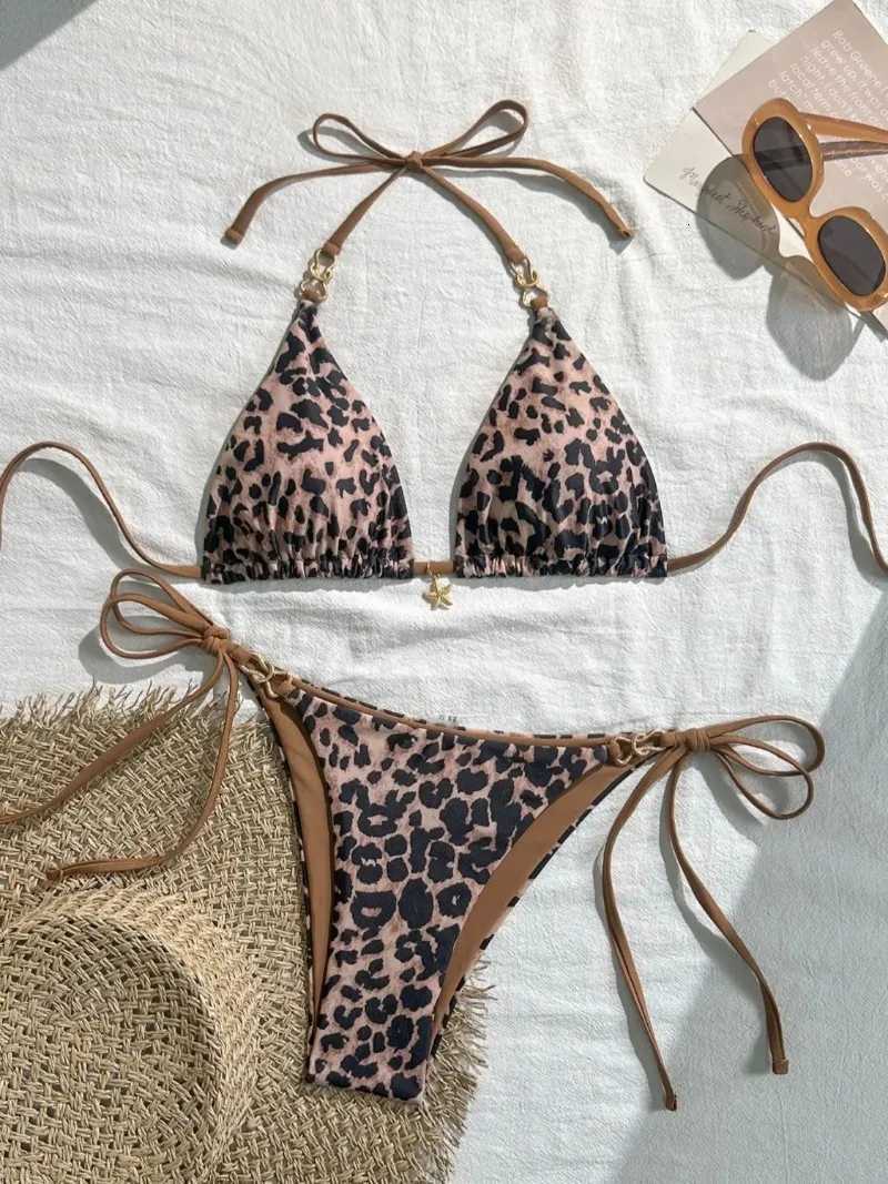 2025 New Arrival European and American Leopard Print Halter Bikini Set for Women Sexy SwimsuitW251113