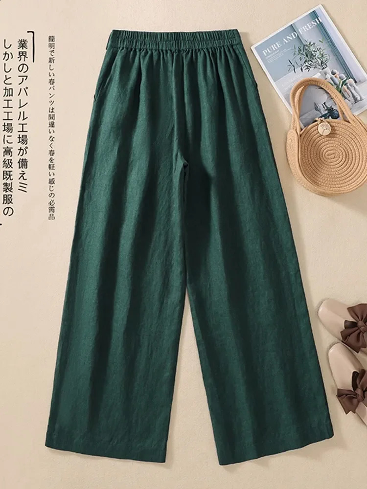 Womens casual wide leg pants summer retro style solid color straight loose womens cotton linen pants 250411