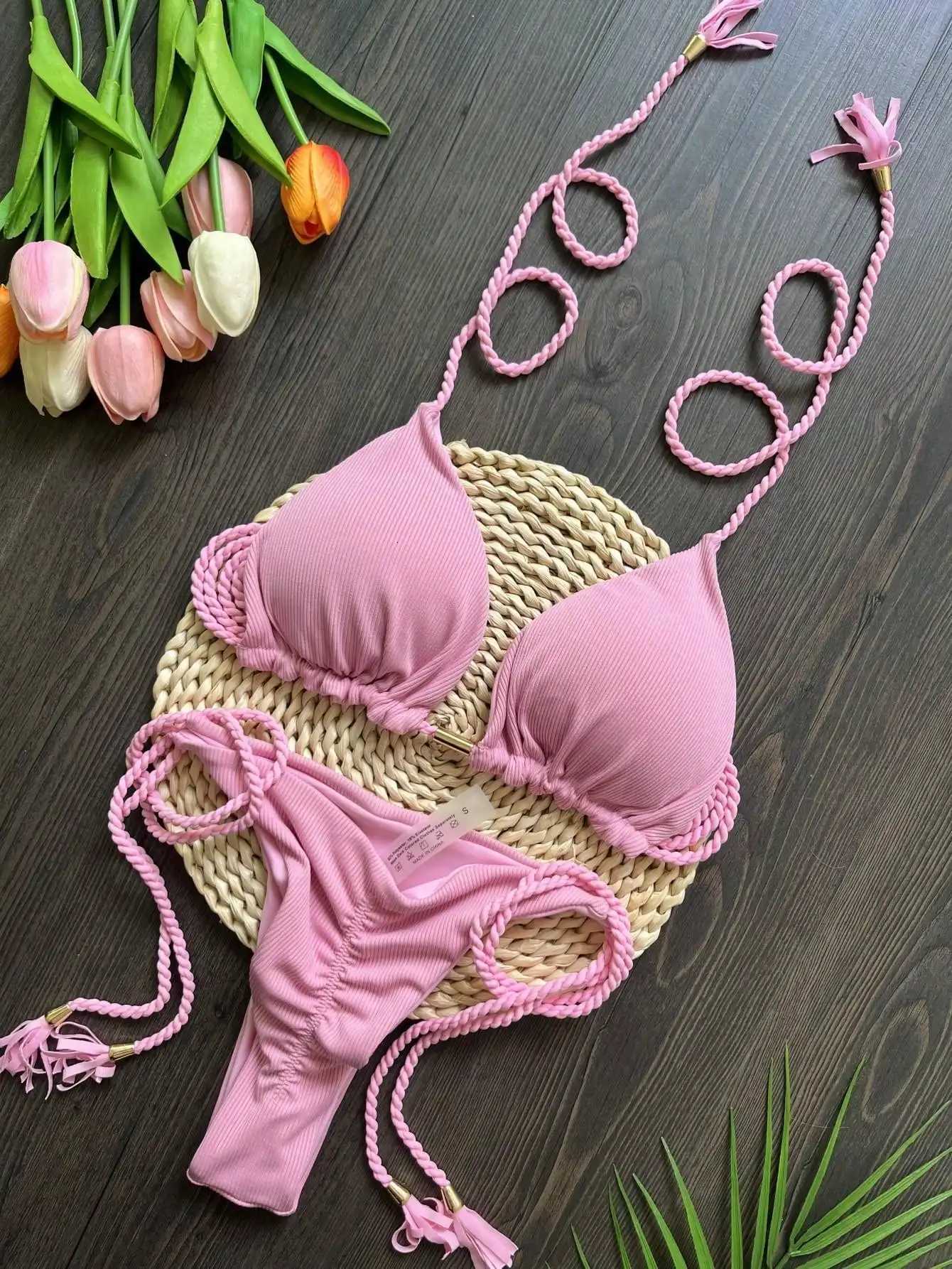 RUOTONSEPT Sexy Womens Swimsuit Braiding rope Bikini Set Two-piece Triangle Solid Swimwear Bathing Suit Brazilian Biquinis 2024W251113