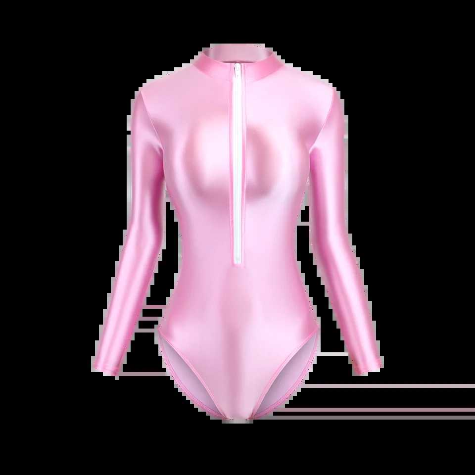 MJINM Women Satin Smooth Yoga Sports Front Zipper Bodysuits High Neck One Piece Swimsuit Oil Long Sleeve Leotards Surfing TightsW251113