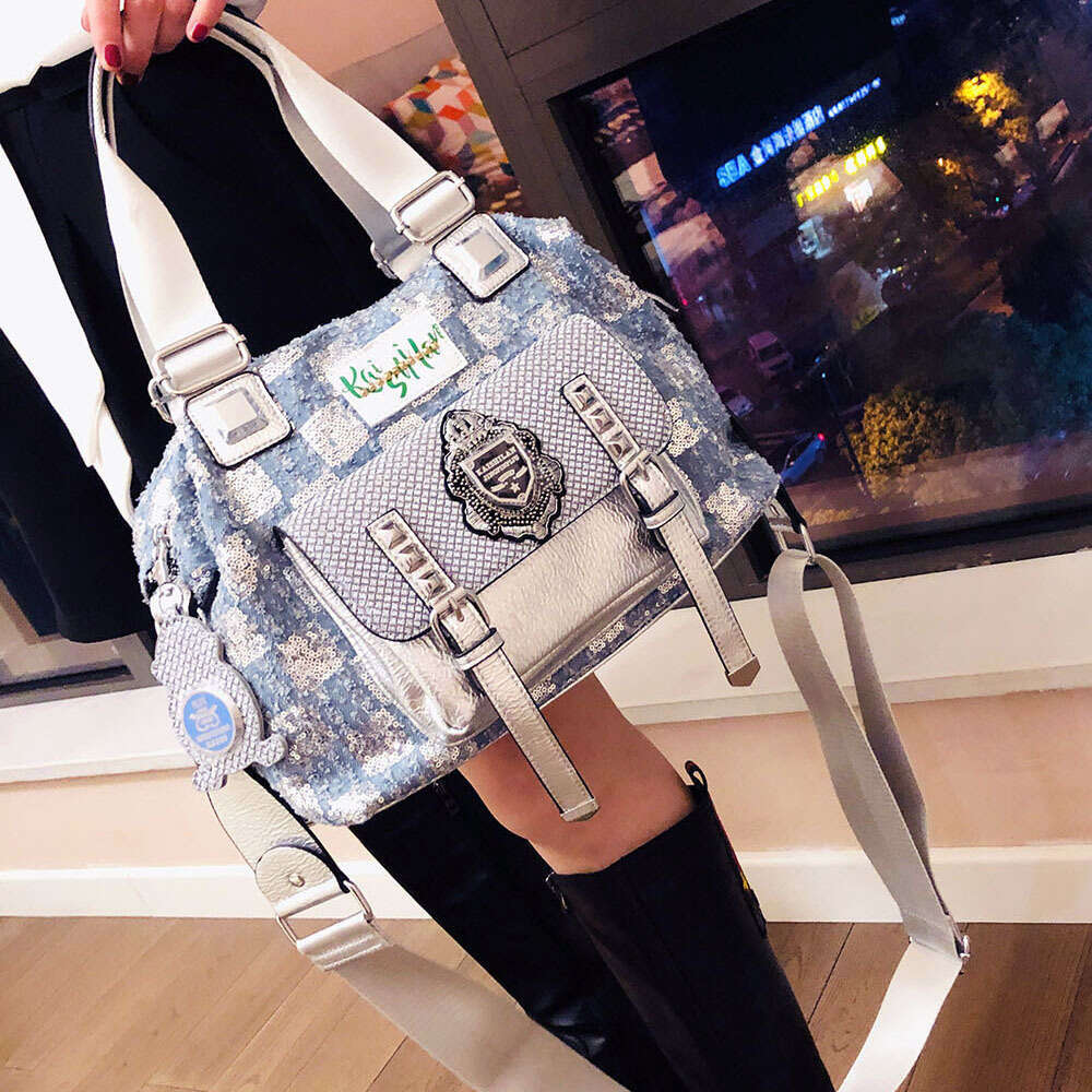 Backpack Kuerduo denim sequin for women new trendy large capacity rivet handbag versatile shoulder bag