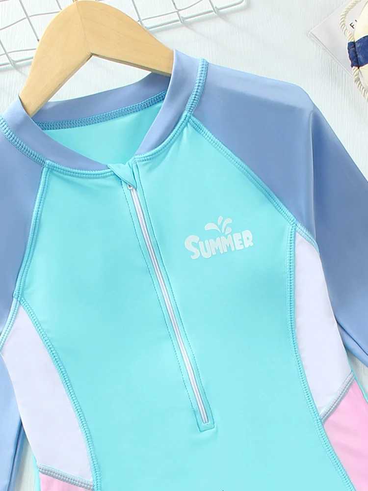 One Piece Kids Girls Swimsuit 2025 New Solid Long Sleeves Bodysuit Children Swimwear Summer Monokini Beach Bathing Suit SwimmingW251113