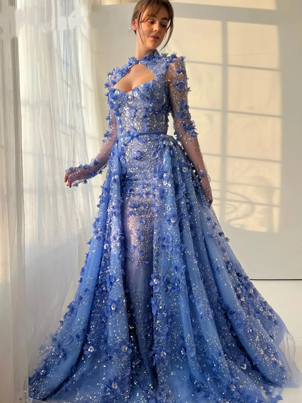 Fancy Evening Dresses 3D Flowers Sequins Prom Gown Detachable Train Long Sleeves Backless Mermaid Customized Vestidos De Noche Plus Size