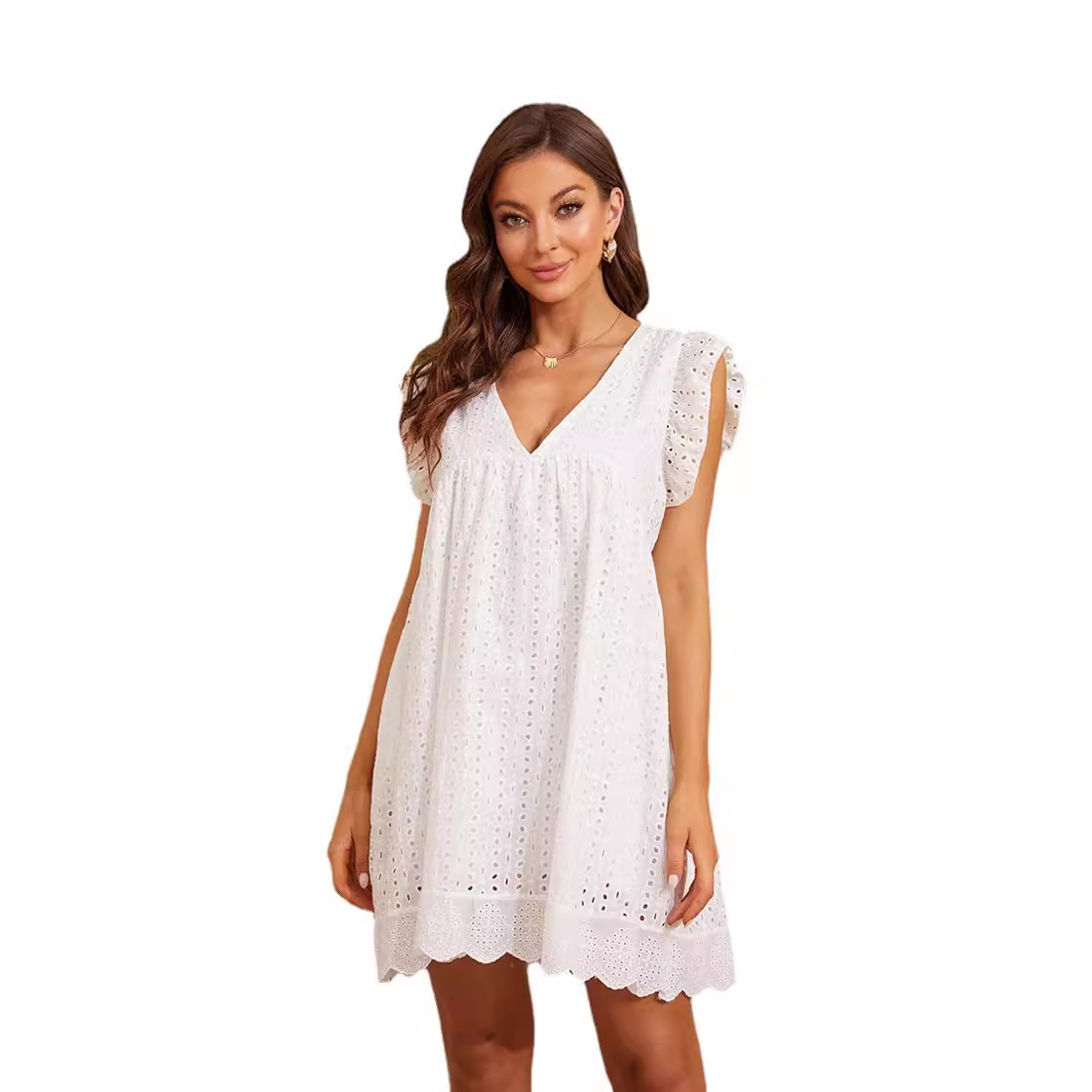 M4101Chic Women's Sleeveless Jacquard Dress - V-Neck Lace Pattern with Matching Shorts