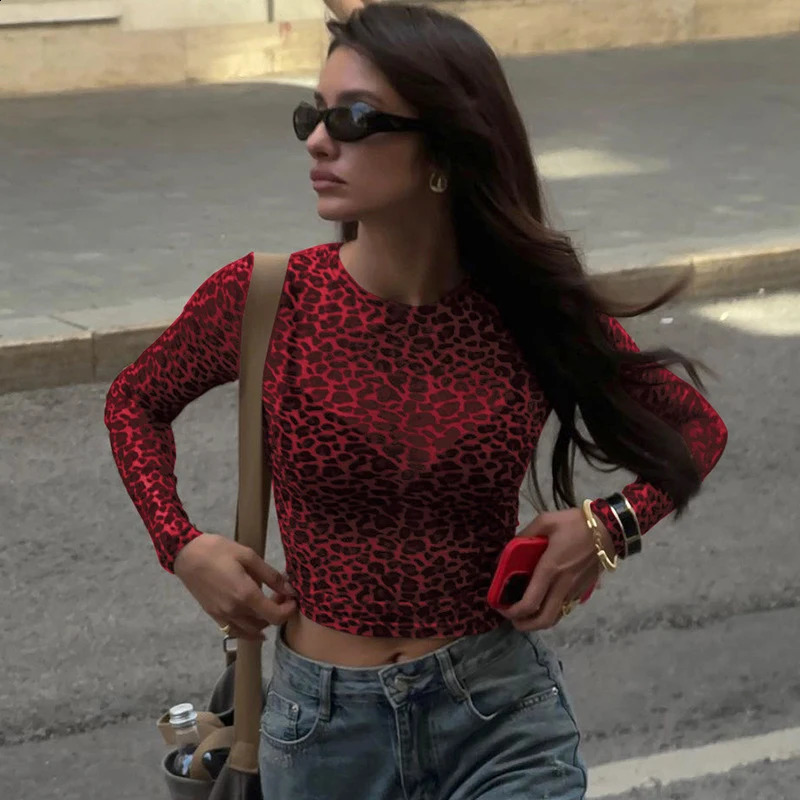 Casual sexy streetwear long sleeved top mesh Tshirt leopard print tight fitting womens party nightclub Y2K 250407