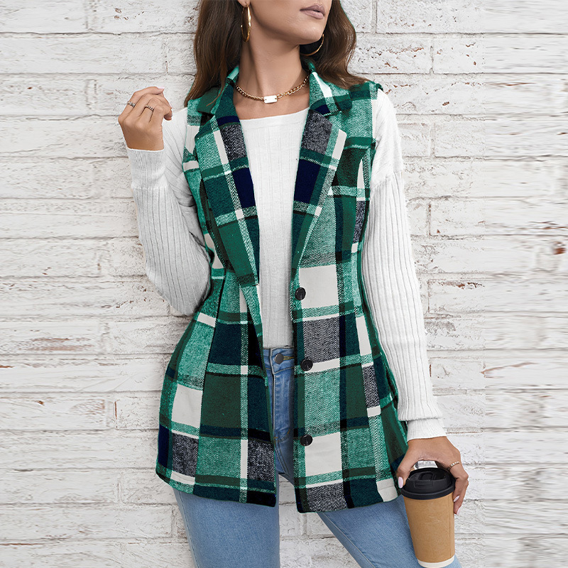 Womens coat plaid vest 2025 spring elegant style versatile sleeveless single breasted cardigan