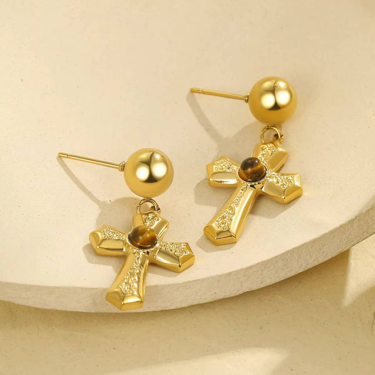 Europe United States Cross Earrings with Stainless Steel Natural Stone Diamond Main Stone Advanced Design Cross-Border Wholesale