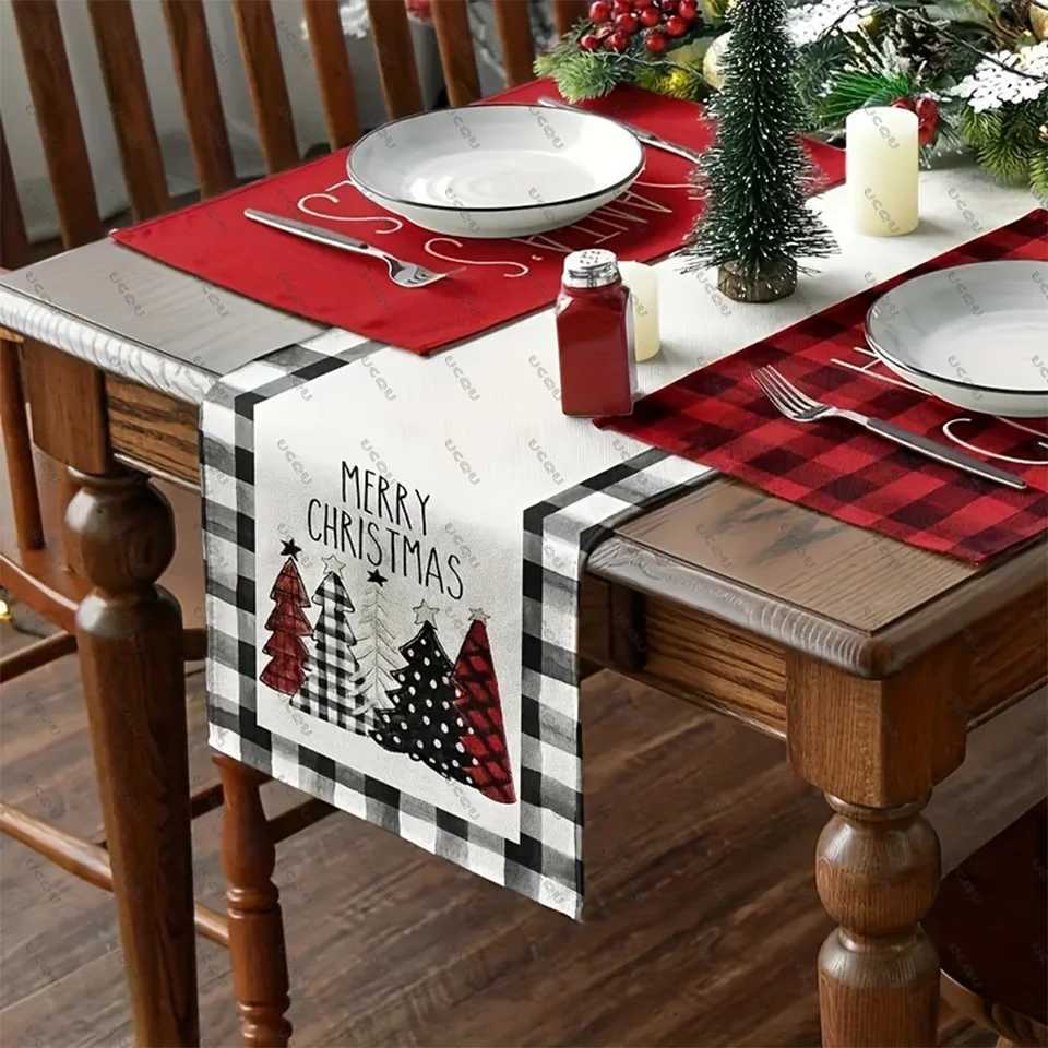 Christmas Waterclor Buffalo Plaid Christmas Trees Merry Xmas Table Runner Holiday Decorative Cloth Flag Family Party Kitchen Gift Flax Xma Y251113