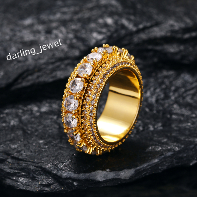 OEM ODM Service Rapper Jewelry Gold Plated Brass Rotatable CZ Gemstone Cluster Hip Hop Ring for Men