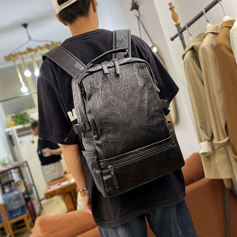 Japanese And Korean Trendy Men's New Soft Leather Large Capacity Fashion Leisure Travel Backpack