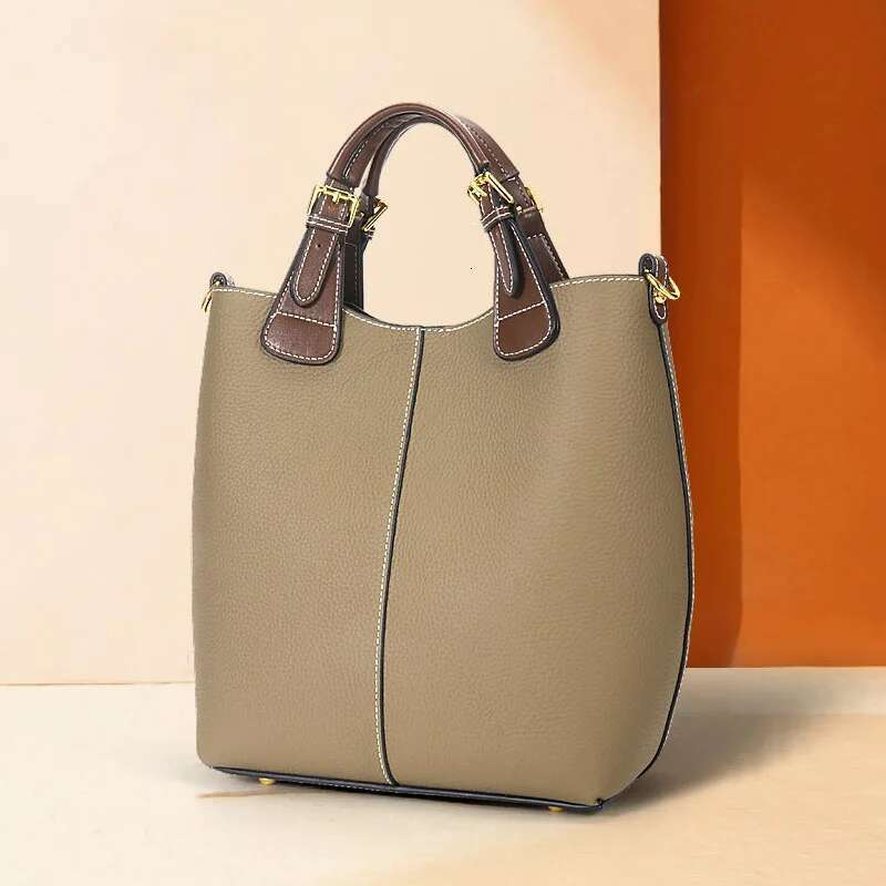 Vintage Black Gray Large Bucket First Layer Cow Leather Women Handbag High Quality Panelled Handle Tote Ladies Shoulder Bag