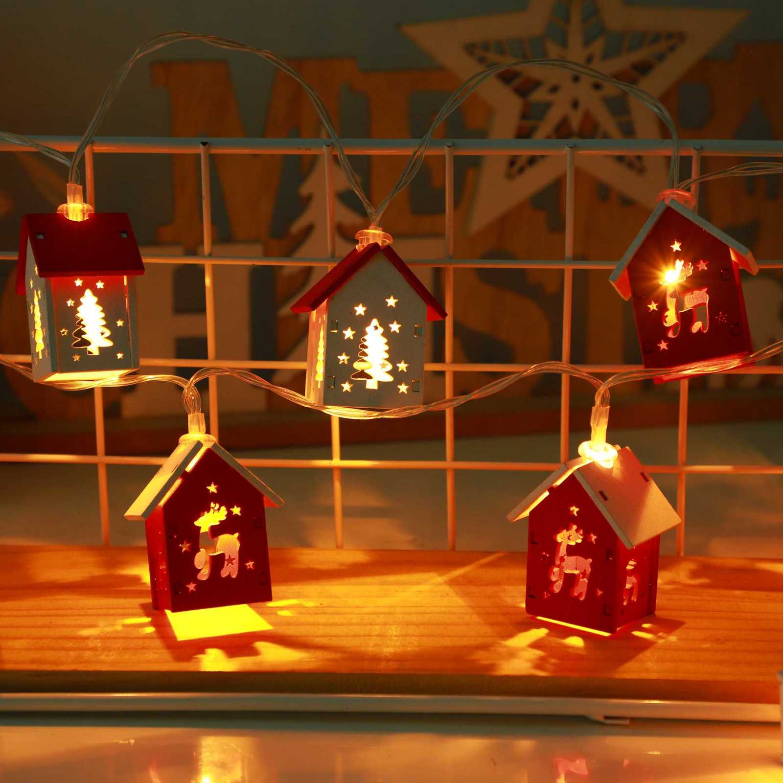 Cute Mini Christmas Wooden House Shaped String Lights Wood House LED Fairy Lamp Xmas Tree Hanging Lights for Christmas Home Noel M251113