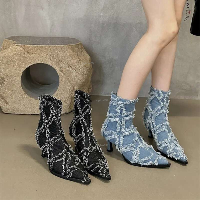New Free Shipping Designer Shoes Spicy Girl Temperament Pointed Denim Tassel Fashion Thin Heel Martin 2025 Autumn/winter Embroidered Knight Boots