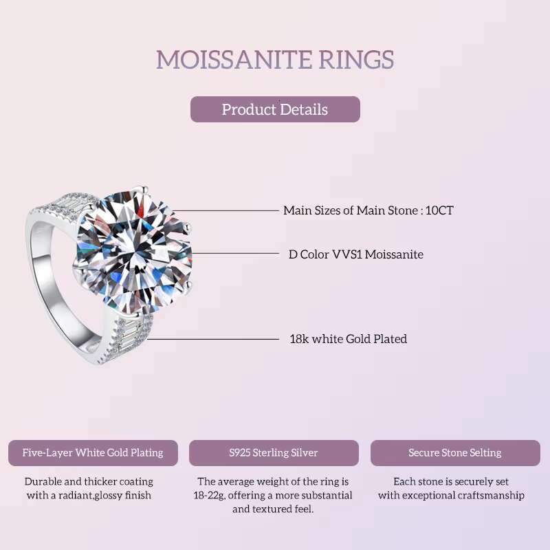 10ct Women Moissanite Rings 925 Sterling Silver Trendy Wedding Moissanite Jewelry With GRA Certificate