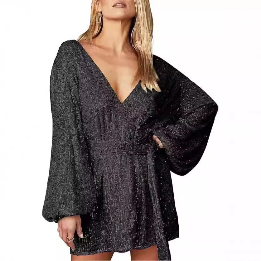 2025 New Glitter Mini Wrap Dress Womens V-neck Long Sleeve Bubble Sleeve Sparkling Surrounding Party Clothing