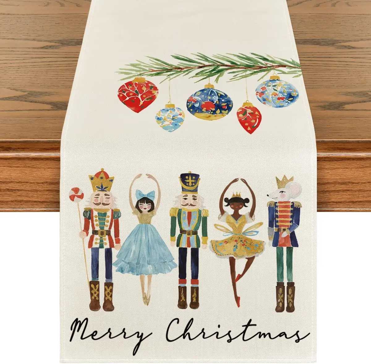 Christmas Christmas Watercolor Nutcrackers Xmas Balls Linen Table Runners Dresser Scarf Decor Farmhouse Dining Table Runners Xmas Decor Y251113