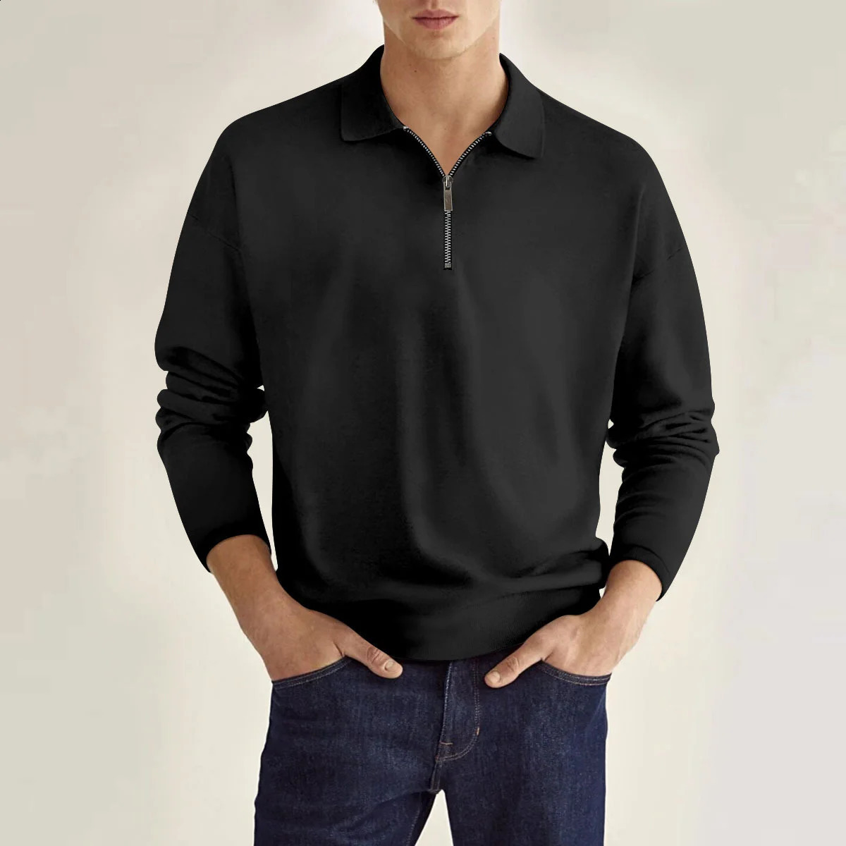 Spring and Autumn Classic Mens Daily Casual Preppy Style Solid Color Zipper Decorated Loose Lapel Long-Sleeved POLO Shirt 250409