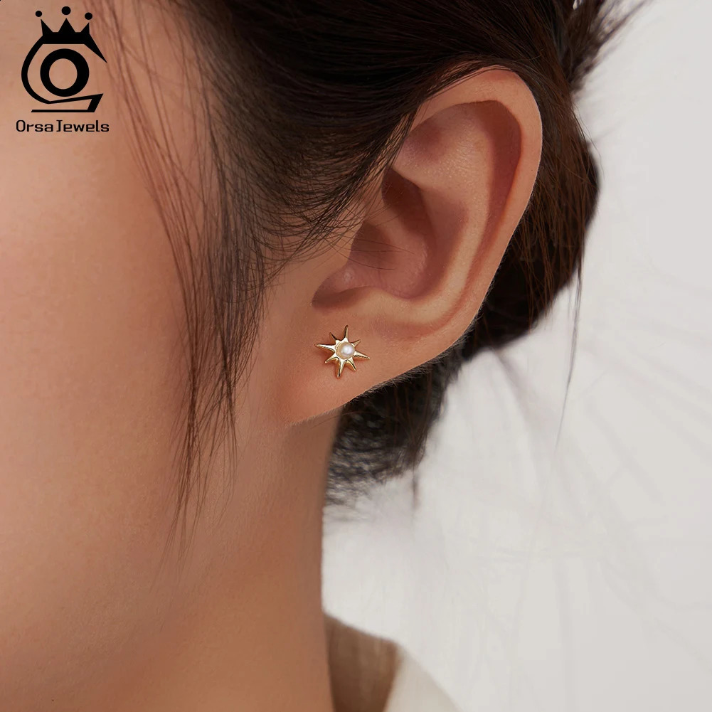 ORSA JEWELS 925 sterling silver 14K gold deluxe stud earrings 2 pieces 2.5-3mm natural freshwater round pearl star GPE113 250409