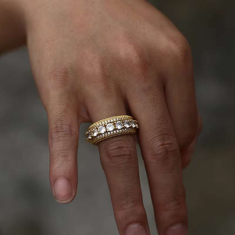 OEM ODM Service Rapper Jewelry Gold Plated Brass Rotatable CZ Gemstone Cluster Hip Hop Ring for Men