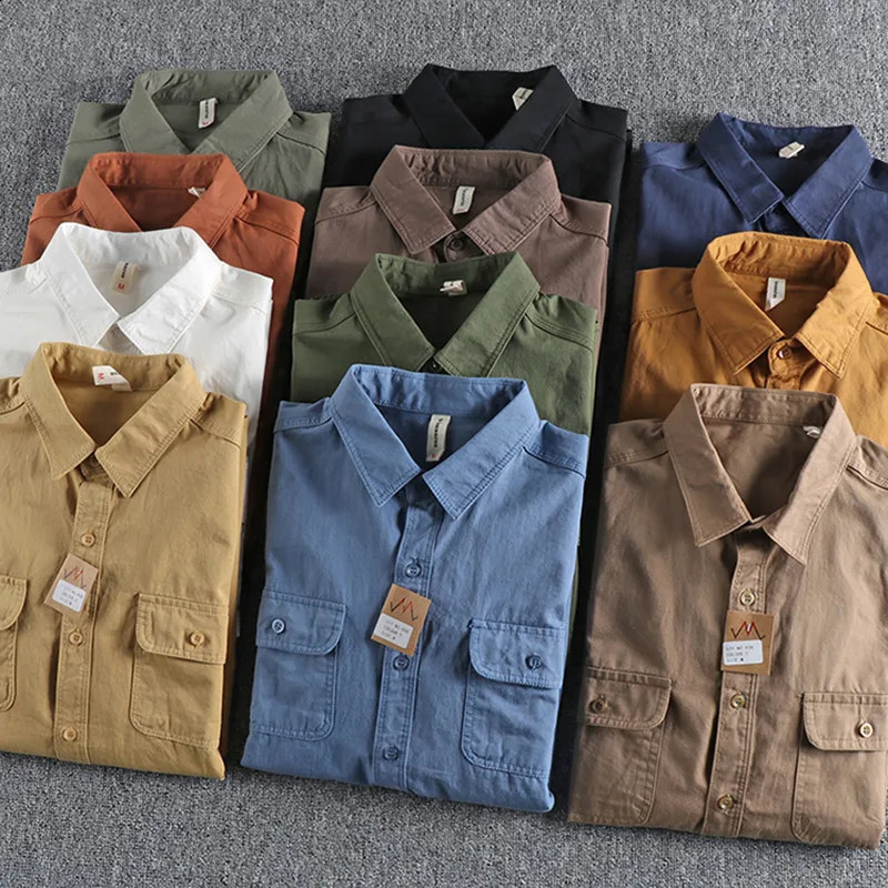 Autumn American Retro Twill Knitted Goods Shirt Mens Fashion Pure Cotton Washed Old Long Sleeve Double Pocket Casual Top 250411