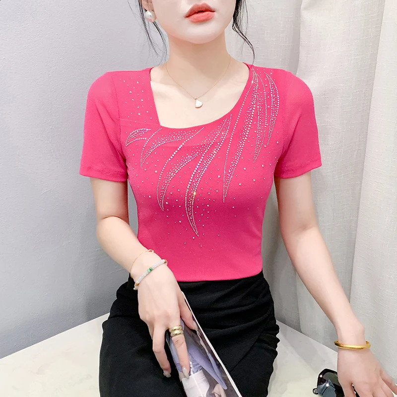 Aoxison Fashion Summer Womens Tshirt Diamond Vneck Short Sleeve Mesh Elegant Casual Slimming Top 250407