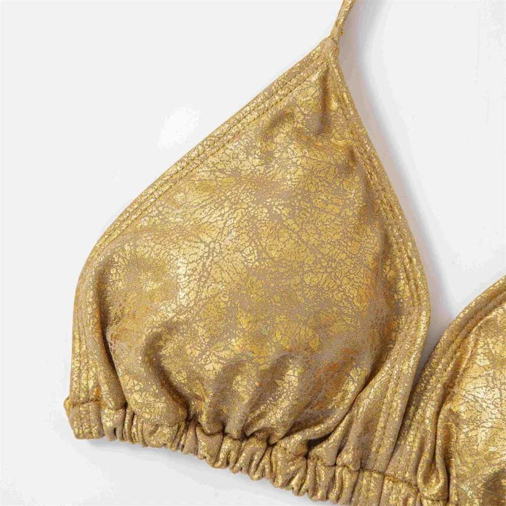 Golden Bikini Thong String Swimsuit Swimwear Women 2025 Trend Luxury Two Piece Bathing Swim Suit Brazilian Beach Vacation OutfitW251113