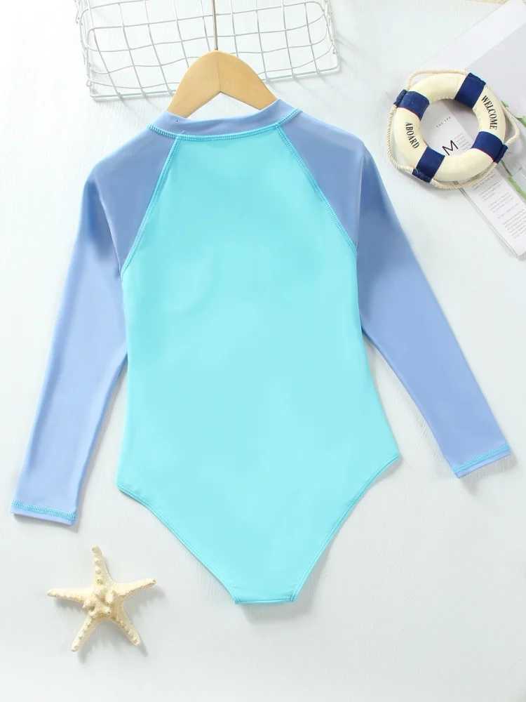 One Piece Kids Girls Swimsuit 2025 New Solid Long Sleeves Bodysuit Children Swimwear Summer Monokini Beach Bathing Suit SwimmingW251113