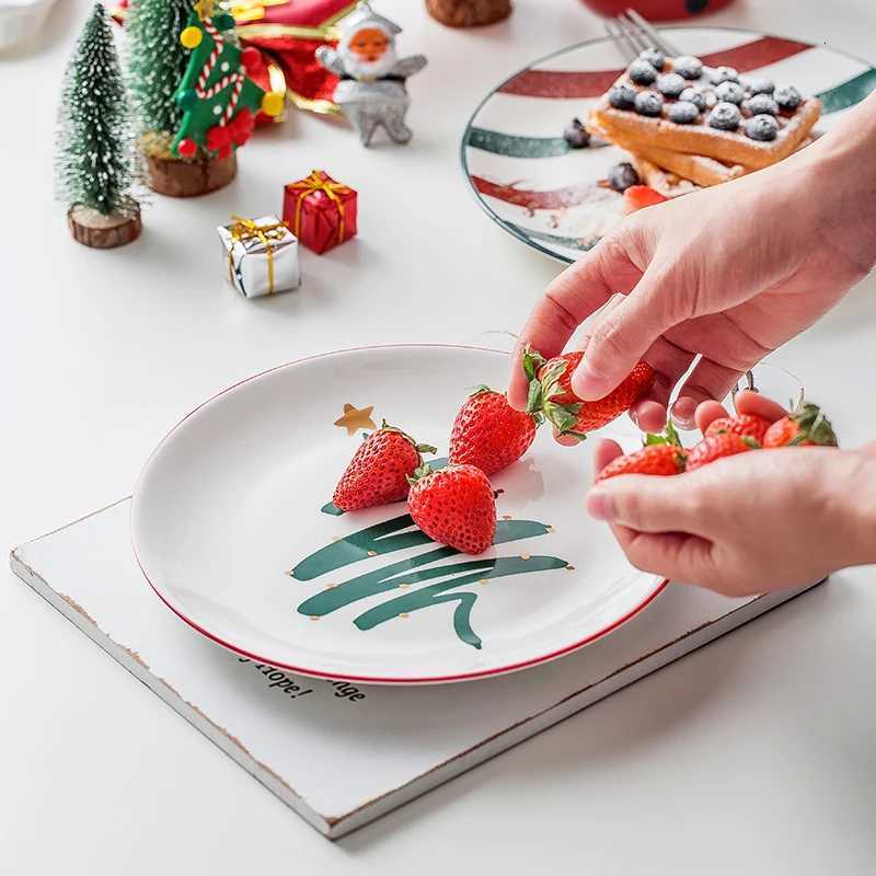 Christmas 1pc Merry Christmas Ceramic Dinner Dish Plate Set Mug Dessert Cake Pastry Fruit Serving Plate Decorative Tableware Y251113