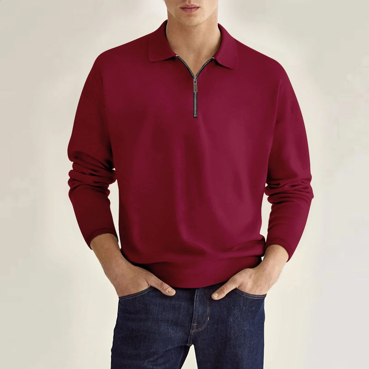 Spring and Autumn Classic Mens Daily Casual Preppy Style Solid Color Zipper Decorated Loose Lapel Long-Sleeved POLO Shirt 250409