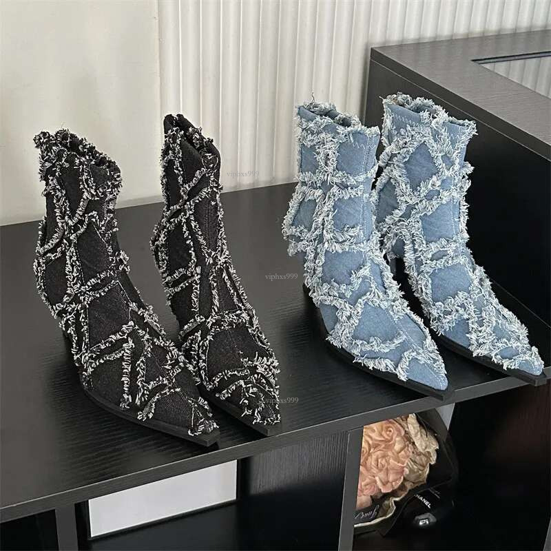 New Free Shipping Designer Shoes Spicy Girl Temperament Pointed Denim Tassel Fashion Thin Heel Martin 2025 Autumn/winter Embroidered Knight Boots