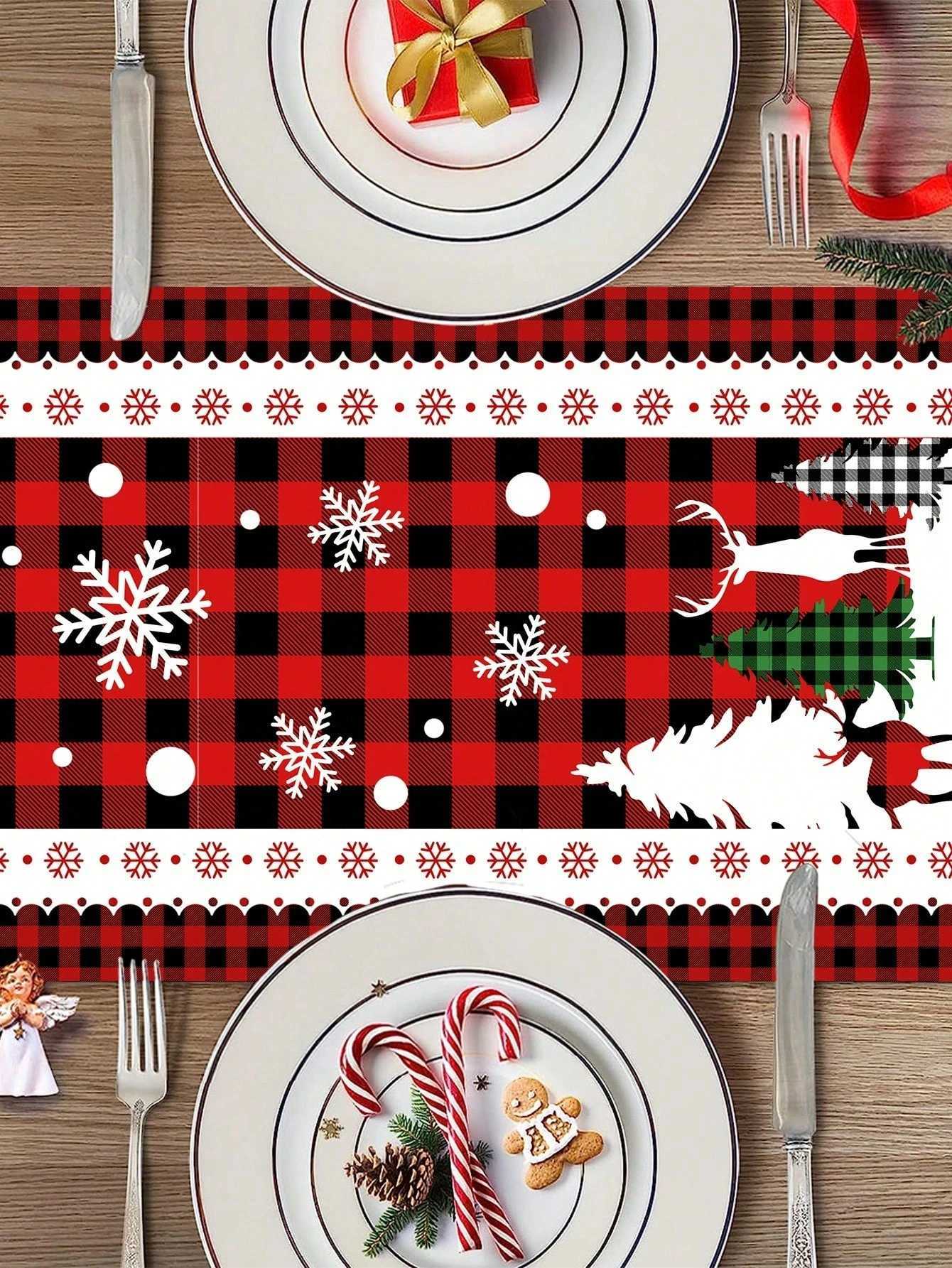 Christmas JIT Plaid Christmas Table Runner Snowflake Deer Patterned for Holiday Dining Table Decoration Warm Festive Home Decor Quality Y251113