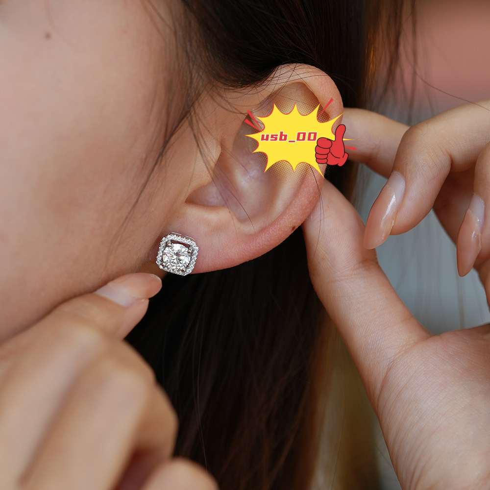 Moissanite Iced Out Hip Hop Sterling Silver 925 White Gold Plated Screw Back Square Diamond Stud Earrings